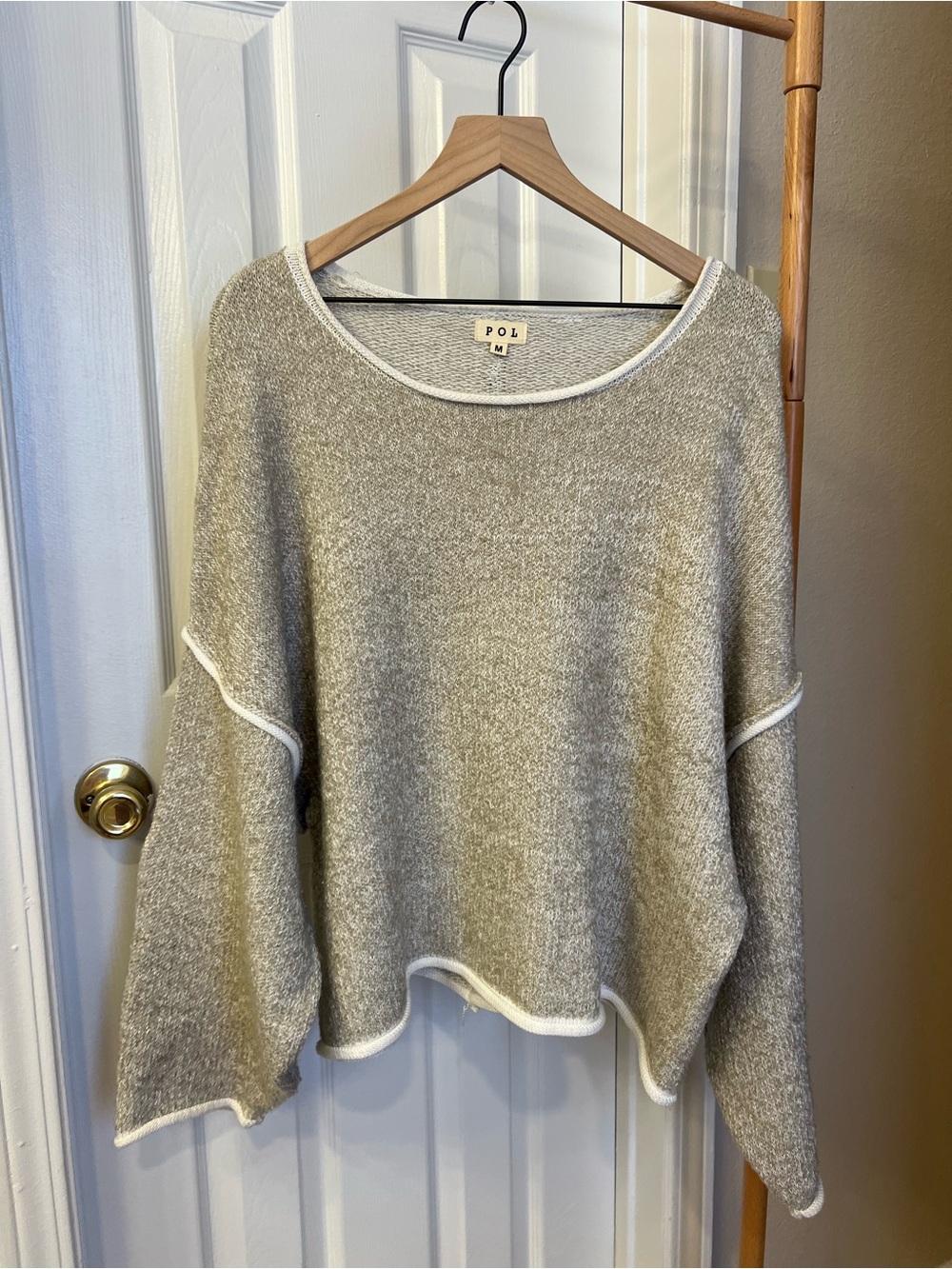 POL Light Gray/Beige Crewneck Sweater with White Trim - Picture 2 of 6